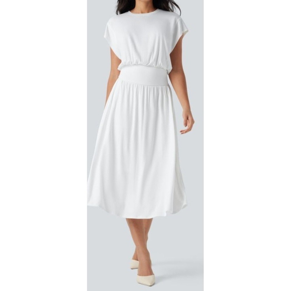 Halara Dress S White Gather Waist Great Draping Midi Batwing Tummy Control Flowy - Picture 3 of 11